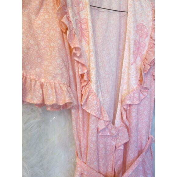 Vintage Country Cottage Pink White Ditsy Floral Ruffle Tie Robe READ - Picture 4 of 9